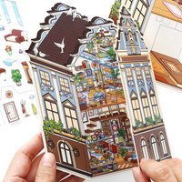 Kawaii precious scroll 3D Flower Pavilion Landscape Sticker DIY Pocket Cabin Scene festival gift