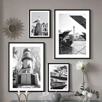 A4 6 7 8inch Photo Frame With Canvas Painting Black And White Beach Mushroom Boat Bird Flowers Wall Art Combination Photo Frame