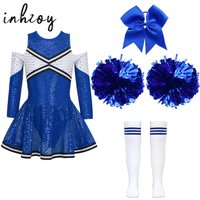 Kids Girls Cheerleader Costume Halloween Cosplay Cheerleading Dance Outfits Sequins Dress with Pom Poms Bow Hair Clip Socks Sets
