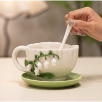 Ceramic Lily of The Valley Coffee Cup Saucer Embossed Three-dimensional Flower Mug Delicate Afternoon Camellia Flower Teacup New