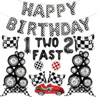 Black and White Checkered Flag Banner Balloons Standing Car Wheel Tire Racing Balloons Boys Racing Theme Birthday Party Decor