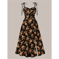 2026 Western-Style Plus-Size Women’s New Printed A-Line Dress with Bow Neckline and Side Slit