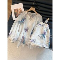 Summer Printed Shorts Two-piece Set French Casual Fashion Vacation Style V-neck Lace-up Shirt Lace Shorts Women's Matching Sets