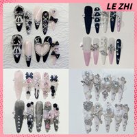 Spice Girl Metal Lock Key Chain Handmade Long Stilettos Press On Nails Bowknot Colorful Rhinestone Pearl Wings Flower False Nail