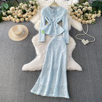 Sexy vintage Elegant O-Neck lace long sleeve Women Party korean fashion fairycore dresses Two piece set