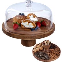30cm 2-in-1 Acacia Wood Cake Stand with Clear Acrylic Lid Round Dessert Display Tray for Party Wedding Home Kitchen Decor