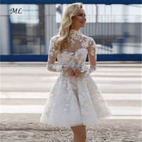 ML Illusion Mini Bridal Gown Dresses High Neck Full Sleeves Lace Applique Short Wedding Dress Custom Made Vestido De Noiva Newl