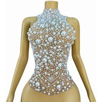 Sexy Luxury Elegant Shiny Pure White Pearls Nude Mesh Bandage Top Parts Wear Birthday Party Show Daily Journey Stage Wear