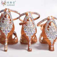 Latin Dance Shoes Black Bronze Full Rhinestone Girls Latin High Dance Heels Soft Bottom Adult SALSA Diamond Latin Ballroom Shoes