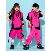 Children Hip Hop Costume Boys Girls Jazz Dance Fashion Clothing Pink Vest Pants Street Dance Drum Stage Performance Wear BL10929