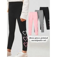 Kids Girls 3 Piece Heart Print Elastic Waist Leggings Set Soft Comfy Casual Daily School Pants