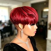 Pixie Cut Wig With Bangs Full Machine Made Short Red Brown Ombre Human Hair Wig for Women Soft Smooth Easy Wear Cosplay Styling