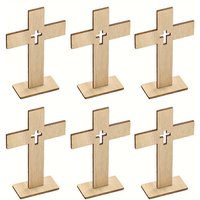 YOMDID 6PCS Wooden Crosses Standing Crucifix Christian Baptism Table Centerpieces First Communion Decor Photobooth Props