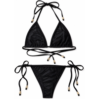 Women Bikini Set 2pcs Black Halter Triangle Swimsuit, Tie Side V Shape Bottom, Solid Color Beach Vacation Swimwear