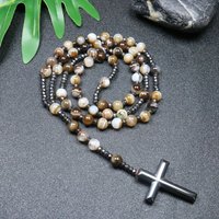 1PC Kaffee Streifen Achat Naturstein Kreuz Perlen Halskette Eisen Gallenstein Perlen Handgemachte Perlen 8mm männer ethnischen Stil Halskette