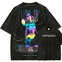 Loose Vintage Washed Cotton Tee Dual Print Cyberpunk Humanoid Robot Anime Character Neon Accent Casual Streetwear Short Sleeve