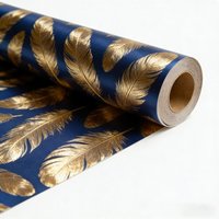 Large-Sized Roll Gift Wrapping Paper, Chic Navy And Golden Feather Pattern Wrapping Paper,17 Inches * 118 Inches Per Roll