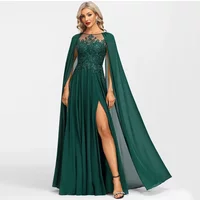 Customized O-Neck A-Line Emerald Mother of the Bride Dresses Side Slit Lace Appliques Sequined Chiffon Wedding Guest Prom Gowns