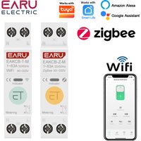 Wyłącznik automatyczny EARU Tuya ZigBee WiFi Smart 63A MCB z timerem, przekaźnikiem, licznikiem energii kWh, ochroną napięcia i prądu, sterowany zdalnie.