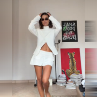 2026 New Women's 2 Piece Set High Neck Long Sleeve Twisted Cut Out Top + Shorts Suit Elegant Casual Office Streetwear Outfit