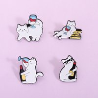 Wine Drinking White Cat Enamel Pins Set 4Pcs Cute Funny Kitty With Wine Glass Bottle Book Brooches Lapel Badge Gift