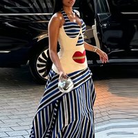Fashion Halter Backless Top + Half Skirt Summer Outfit Vacation Striped Printed Casual Women's Suit Vintage Sleeveless Party Set
