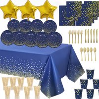 Dark Blue Party Decorations with Gold Dot Pattern Include Scalloped Plate Napkins Cups Banners for Baby Shower Wedding Birthday