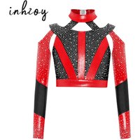 Haut de danse d'acrobatie de gymnastique pour enfants filles, manches longues, strass brillants, bloc de couleur, dos croisé, haut court découpé, vêtements de danse du ventre