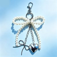 Bowknot Heart Keychain Women Sweet Charm White Pearl Bow Backpack Key Ring Jewelry Bags Pendants Decoration Gifts