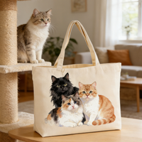 1PC Creative Cat Design White Canvas Shoulder Bag Large Capacity Student Bag 2D Flat Pattern Handbag for Students