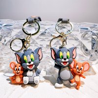 Cute Grey Cat & Orange Mouse Pair 3D Soft PVC Figure Keychain Jewelry Backpack Handbag Pendant Classic Cartoon Companion