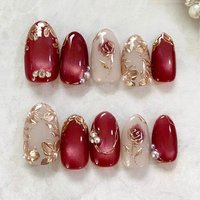 24PCS Golden Roses Almond False Nails with Glue Red Cat Eye Simple French Press on Nails Full Cover Ins Nail Tips Manicure Patch