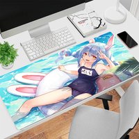Gaming Mouse Pad, Stitched Edges, Blue Anime Girl with Bunny Ears Artwork Print, Keyboard Pad for Gamer Home Office Desk Mat