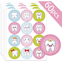 60pcs Happy Teeth Reward Stickers -40mm diameter large stickers with cartoon tooth patterns of crown and bow for teachers, denti