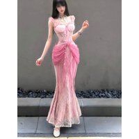 French Coquette Sexy Summer Pink Lace Mesh Mermaid Maxi Dress Women Ruffle Spaghetti Strap Bow Corset Waist Party Wear Clubwear