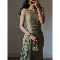 Elegant Green Evening Dress Travel Women's Fashion Pleated Sash Autumn Winter Wedding Dress Chinese Production Polyester Fiber