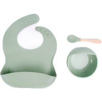 3 Stück Kinder Silikon Geschirr Set Lebensmittel qualität Silikon Saugnapf Schüssel Lätzchen Holzgriff Löffel Set Anti-Rutsch-Baby geschirr
