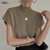 Été solide tricoté Blouse gilet à manches courtes bureau tricoté hauts t-shirt style décontracté chemise mode haut ample femmes élégant 20397