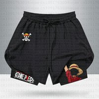 2026 Luffy Gear 5 Print Men's 2-in-1 Running Shorts Anime Quick Dry Breathable Athletic Shorts with Liner Workout Short