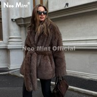 Neo Mint Winter 2026 New Stylish Mocha Brown Belted Wrap Fur Coat Women Street Fashion Girls Fluffy Faux Fox Fur Jacket Overcoat