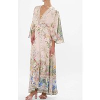 Floral Print Women's 100% Silk Maxi Dress Crystal Beaded V-Neck Half Sleeve High Waist Elegant Ladies Robe