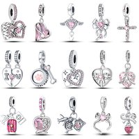 Fashion 925 Silver Color Trunk Heart Shape Bow Pink Charms Beads Fit Pandach 925 Original Bracelets Fine DIY Birthday Jewelry