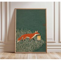 Fox Art Print, Japanese Style Animal Poster, Minimalist Nature Wall Art, Modern Woodland Illustration, Rustic Green Home Decor