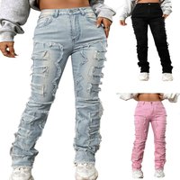 Women Jeans Denim Straight Pants Spliced Patchwork High Street Slim Fit Pockets Mid Waist Washing Zipper Slight Srech 2025