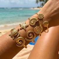Stainless Steel Ocean Series Wide Cuff Bangle for Women Gold Color Starfish Shell Turtle Conch Open Bracelet Beach Party Jewelry