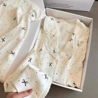 Sweet Lace Trim Ice Silk Polka Dot Pajamas Women Spring/Fall Long-Sleeve Bestseller Bow-Tied Summer Loungewear Set Girls Pajamas