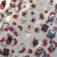 Gothic Red Rose Dark Hollow Out Photo Frame Personal Totem 5D Self Adhesive Nail Art Stickers Romantic Rhinestone Manicure Decal