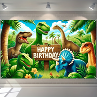 Dinosaur Jungle Birthday Party Backdrop Polyester Photo Booth Background With Balloons & Flowers, Versatile Indoor