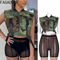 FAGADOER Spring New Sexy 2 Pieces Set for Woman Camouflage Print Sleeveless Crop Top and Mesh Shorts Female Y2k Streetwear 2026