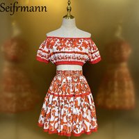 Seifrmann 2026 summer fashion women's two-piece casual printed one neck short sleeved cotton top+half skirt set